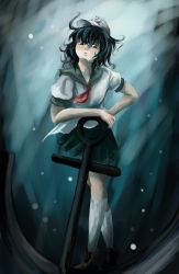 Rule 34 | 1girl, anchor, arm rest, ascot, black hair, blue eyes, boots, female focus, ghost, hand on own hip, hat, kneehighs, looking at viewer, murasa minamitsu, sailor, sailor collar, sailor hat, skirt, socks, solo, touhou, undefined fantastic object, underwater, yomogi uta