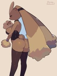 Rule 34 | 1girl, absurdres, arched back, artist name, ass, back, backless leotard, bare shoulders, black bow, black bowtie, black thighhighs, blush, body fur, bottomless, bow, bowtie, breasts, brown background, brown fur, brown theme, closed mouth, clothed pokemon, corset, creatures (company), detached collar, expressionless, female focus, finger to mouth, from behind, furry, furry female, game freak, gen 4 pokemon, half-closed eyes, hand up, highres, honey calamari, leotard, looking at viewer, looking back, lopunny, medium breasts, nintendo, playboy bunny, pokemon, pokemon (creature), rabbit ears, rabbit girl, rabbit tail, red eyes, shiny skin, signature, simple background, skindentation, solo, standing, thighhighs, wrist cuffs