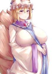 Rule 34 | &gt; &lt;, 1girl, :/, :d, absurdres, animal hat, blonde hair, blush, bow, breasts, closed eyes, cowboy shot, dress, fox tail, frills, gap (touhou), hair between eyes, hair bow, hat, hat ribbon, highres, holding, huge breasts, long hair, long sleeves, looking at viewer, mirufui, mob cap, multiple girls, open mouth, red bow, red ribbon, ribbon, short hair, sidelocks, smile, solo, sweat, tabard, tail, touhou, white background, white dress, white hat, wide sleeves, xd, yakumo ran