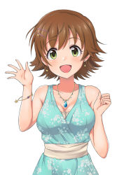 Rule 34 | 1girl, :d, armpit crease, bare arms, bare shoulders, blue dress, blush, bracelet, breasts, brown hair, cleavage, collarbone, commentary request, dress, earrings, floral print, glint, green eyes, hair ornament, hairclip, hands up, head tilt, honda mio, idolmaster, idolmaster cinderella girls, jewelry, looking at viewer, medium breasts, nakasima-syouta, necklace, open mouth, sanpaku, sash, short hair, sidelocks, simple background, sleeveless, sleeveless dress, smile, solo, star (symbol), star earrings, tareme, upper body, white background