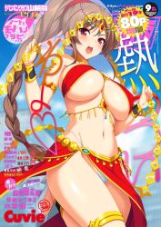 Rule 34 | 1girl, anklet, armlet, artist name, bare shoulders, blush, bracelet, braid, breasts, brown hair, cameltoe, comic penguin club, commentary request, cover, covered erect nipples, cygnus (cygnus7), fingernails, harem outfit, high heels, highleg, highleg panties, highres, holding, jewelry, large breasts, leg up, long hair, looking at viewer, magazine cover, navel, panties, red eyes, see-through, simple background, single braid, solo, thigh strap, underwear, veil, white panties