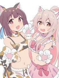 Rule 34 | 2girls, :d, :o, ahoge, animal ears, animal hands, animal print, bare arms, bare shoulders, blue hair, bra, breasts, brown eyes, brown hair, cat ears, cat print, cat tail, choker, colored inner hair, commentary, flat chest, frilled bra, frilled choker, frills, fur-trimmed shorts, fur-trimmed skirt, fur trim, gloves, grey hair, hair between eyes, highres, hozuki momiji, long hair, looking at viewer, multicolored hair, multiple girls, navel, official alternate costume, onii-chan wa oshimai!, open mouth, oyama mahiro, paw gloves, paw pose, pink bra, pink choker, pink hair, pink skirt, short hair, short ponytail, shorts, simple background, skirt, small breasts, smile, stomach, tail, tetesudeesu, two-tone hair, underwear, wavy mouth, white background