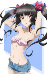 Rule 34 | 1girl, armpits, arms up, artist name, black hair, blue background, breasts, collarbone, cowboy shot, hair ribbon, highres, long hair, miyabi mt-b, navel, open mouth, panties, red eyes, ribbon, senki zesshou symphogear, short shorts, shorts, simple background, small breasts, solo, striped clothes, striped panties, tsukuyomi shirabe, twintails, underwear, very long hair