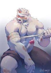 Rule 34 | 1boy, abs, alternate pectoral size, animal ears, arange (youhei79384157), bandaged head, bandages, bandaid, bandaid on face, bandaid on nose, bara, bear boy, bear ears, biceps, blood, blush, breath, brown pants, erection, feet out of frame, furry, furry male, highres, injury, large pectorals, male focus, muscular, muscular male, navel, navel hair, nipples, odd taxi, open fly, pants, pants rolled up, pectoral squeeze, pectorals, penis, sekiguchi (odd taxi), short hair, solo, stomach, sunglasses, thick thighs, thighs, topless male, uncensored, white fur