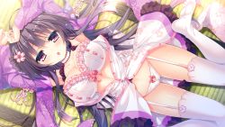 Rule 34 | 1girl, arms up, black hair, bow, bow bra, bow panties, bra, breasts, cameltoe, choker, cleavage, collarbone, from above, game cg, garter straps, highres, large breasts, long hair, looking at viewer, love love sisters, lying, nae-nae, official art, on back, open clothes, open mouth, panties, pubic cutout, purple eyes, sarusuberi misatoko, solo, sweat, thighhighs, underwear, white bra, white panties, white thighhighs