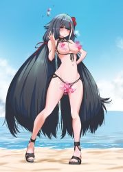 Rule 34 | 1girl, areola slip, azur lane, beach, bikini, black bikini, black footwear, black hair, blue eyes, blush, breasts, breasts out, censored, censored nipples, cleavage, closed mouth, cloud, commentary, covered erect nipples, day, deutschland (azur lane), deutschland (service time?!) (azur lane), flower, front-tie bikini top, front-tie top, full body, hair flower, hair ornament, hair ribbon, hand on own hip, hand up, heart, heart censor, long hair, looking at viewer, low twintails, medium breasts, multicolored hair, nail polish, navel, ocean, outdoors, p.i.t.d, red hair, red ribbon, ribbon, side-tie bikini bottom, sky, smile, solo, streaked hair, swimsuit, twintails, very long hair, white hair