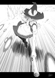 Rule 34 | 1girl, apron, broom, danmaku, dress, female focus, flying, greyscale, grin, hat, hide e, imada hidehito, kirisame marisa, letterboxed, monochrome, signature, smile, solo, touhou, witch, witch hat