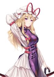 Rule 34 | 1girl, arm behind head, arm strap, arm up, bare shoulders, blonde hair, bow, breasts, commentary, cowboy shot, dress, frills, hair bow, hat, hat ribbon, highres, large breasts, layered dress, long hair, long sleeves, looking at viewer, minust, mob cap, off-shoulder dress, off shoulder, planted, planted umbrella, purple eyes, red bow, red ribbon, ribbon, sidelocks, simple background, solo, standing, tabard, touhou, umbrella, white background, white dress, white hat, wide sleeves, yakumo yukari