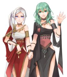 Rule 34 | 2girls, armlet, black choker, black dress, blue eyes, breasts, byleth (female) (fire emblem), byleth (fire emblem), choker, cleavage, closed mouth, collarbone, dancer (fire emblem: three houses), dress, edelgard von hresvelg, enlightened byleth (female), fire emblem, fire emblem: three houses, green eyes, green hair, hair between eyes, high-waist skirt, hip vent, holding hands, long hair, looking at viewer, medium breasts, multiple girls, nintendo, open mouth, parted bangs, red skirt, robaco, simple background, skirt, smile, standing, straight hair, very long hair, white background, white hair