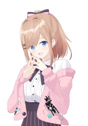 Rule 34 | 1girl, :3, :d, absurdres, black skirt, blue eyes, blush, bow, breasts, brown hair, center frills, collared shirt, commentary request, frills, hair between eyes, hair bow, hair intakes, hair ornament, hairclip, heart, highres, jacket, long sleeves, looking at viewer, medium breasts, nijisanji, off shoulder, open clothes, open jacket, open mouth, pink jacket, ponytail, roido (taniko-t-1218), shirt, simple background, skirt, sleeves past wrists, smile, solo, star (symbol), steepled fingers, striped bow, striped clothes, striped skirt, suzuhara lulu, vertical-striped clothes, vertical-striped skirt, virtual youtuber, white background, white shirt, x hair ornament
