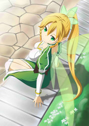 Rule 34 | 10s, 1girl, arm support, blonde hair, braid, breasts, brian05710, brianchan.t.w, cleavage, cobblestone, green eyes, leafa, long hair, pointy ears, ponytail, side braid, sitting, solo, sword art online, twin braids, wings