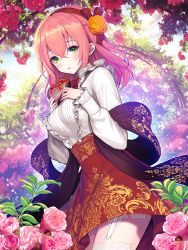 Rule 34 | 1girl, arch, blouse, blush, box, breasts, brown hair, center frills, floral arch, flower, frills, garter straps, green eyes, hair between eyes, hair ribbon, heart, highres, holding, holding box, kyundoo, large breasts, long sleeves, original, outdoors, pink flower, pink rose, plant, red skirt, ribbon, rose, shirt, skirt, solo, thighhighs, white shirt, white thighhighs