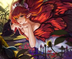 Rule 34 | 1boy, 1other, absurdres, butterfly wings, dark knight (final fantasy), dress, earrings, fairy, fairy wings, feo ul, final fantasy, final fantasy xiv, green eyes, highres, insect wings, jewelry, on (isk1812), open mouth, orange hair, plant, pointy ears, smile, tiara, titania (final fantasy), wings