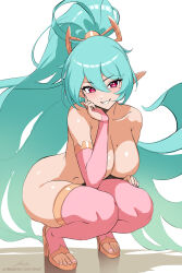 Rule 34 | 1girl, absurdres, aqua hair, artist name, bare shoulders, blush, breasts, bridal gauntlets, collarbone, commentary, full body, hair ornament, head rest, high heel sandals, high ponytail, highres, long hair, looking at viewer, medium breasts, mole, mole on breast, mole under eye, no panties, nude, original, parted lips, pointy ears, ponytail, red eyes, revenantart, sandals, shadow, shiny skin, signature, simple background, smile, solo, squatting, thighs, toeless legwear, toenails, toes, white background, zadi (revenantart)