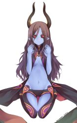 Rule 34 | 1girl, bare shoulders, black hair, black sclera, blue skin, breasts, character name, colored sclera, colored skin, copyright name, demon girl, flootier, full body, groin, highres, horns, long hair, looking at viewer, navel, pointy ears, red eyes, seiza, sitting, smile, solo, summon night, summon night 5, tanyatonya, thigh gap