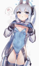 Rule 34 | 1girl, animal ears, black gloves, black thighhighs, blue archive, blue eyes, blue leotard, blue shirt, breasts, clothes lift, covered navel, epi zero, fake animal ears, gloves, grey hair, groin, halo, highres, leotard, leotard under clothes, lifted by self, long hair, miyako (blue archive), open mouth, playboy bunny, rabbit ears, ribbon, shirt, shirt lift, side ponytail, small breasts, solo, strapless, strapless leotard, thighhighs, thighs