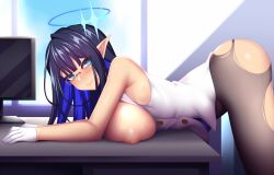 Rule 34 | 1girl, black hair, black pantyhose, blue archive, blue eyes, breasts, colored inner hair, eyeliner, fi-san, from side, glasses, gloves, halo, huge breasts, looking at viewer, makeup, monitor, multicolored hair, nipples, pantyhose, pointy ears, revision, rin (blue archive), smile, sweat, torn clothes, torn pantyhose