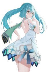 Rule 34 | 1girl, absurdres, aqua hair, backless dress, backless outfit, bare back, bare shoulders, blush, clothing cutout, cowboy shot, dress, faruzan (genshin impact), finger to mouth, from side, genshin impact, green eyes, halter dress, halterneck, hand up, highres, i ruru, index finger raised, long hair, looking at viewer, looking back, parted lips, short dress, short sleeves, shoulder cutout, simple background, solo, symbol-shaped pupils, thighs, triangle-shaped pupils, twintails, white background, white dress