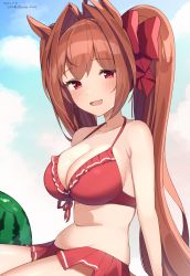 Rule 34 | 1girl, :d, absurdres, animal ears, antenna hair, ball, bare shoulders, beachball, bikini, bikini skirt, blush, bow, breasts, brown hair, cleavage, collarbone, daiwa scarlet (trifle vacation) (umamusume), daiwa scarlet (umamusume), dated, fang, frilled bikini, frills, front-tie bikini top, front-tie top, hair bow, hair intakes, highres, hirota fruit, horse ears, large breasts, long hair, looking at viewer, navel, official alternate costume, open mouth, red bikini, red bow, red eyes, red ribbon, ribbon, sitting, skin fang, smile, solo, stomach, swimsuit, twintails, twitter username, umamusume, very long hair