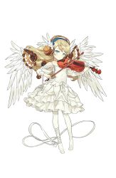 Rule 34 | 1girl, alicia northend, blonde hair, blue eyes, bow (music), dress, frilled dress, frills, full body, gears, headphones, highres, instrument, looking at viewer, music, official art, playing instrument, princess principal, princess principal game of mission, ribbon, simple background, solo, standing, transparent background, violin, white dress, white legwear, white ribbon, white wings, wings