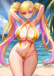 Rule 34 | 1girl, absurdres, alternate hairstyle, armpits, arms behind head, arms up, beach, blonde hair, blue sky, boryeon (last origin), breasts, cameltoe, cleavage, cloud, colored inner hair, cowboy shot, criss-cross halter, earrings, gluteal fold, hair between eyes, halterneck, highres, huge breasts, jewelry, korean commentary, last origin, long hair, looking at viewer, mole, mole on breast, multicolored hair, navel, ocean, one-piece swimsuit, outdoors, purple eyes, purple hair, semicolon9991, sky, slingshot swimsuit, smile, solo, standing, swimsuit, thighs, translation request, twintails, two-tone hair, very long hair, water, wet, yellow one-piece swimsuit