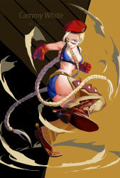 Rule 34 | 1girl, action, alternate costume, ass, belt, beret, bikini, blonde hair, blue bikini, blue eyes, boots, braid, breasts, brown footwear, cammy white, chaps, character name, clenched hand, commentary request, cowboy boots, dated, dust cloud, full body, gloves, harness, hat, highres, long hair, looking over eyewear, looking over glasses, medium breasts, navel, red gloves, red hat, solo, spurs, street fighter, sunglasses, swimsuit, tinted eyewear, tongue, tongue out, twin braids, twisted torso, very long hair, xxx2333
