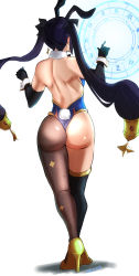 Rule 34 | 1girl, absurdres, ass, back, backless outfit, bare back, bare shoulders, breasts, cero (cerocero), from behind, genshin impact, gloves, hair ornament, hair ribbon, high heels, highres, leotard, long hair, looking away, mona (genshin impact), pantyhose, playboy bunny, purple hair, rabbit ears, rabbit tail, ribbon, shiny clothes, shiny skin, sideboob, solo, thighlet, thong leotard, twintails, very long hair