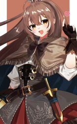 Rule 34 | 1girl, :d, ahoge, belt, brown background, brown capelet, brown cloak, brown corset, brown eyes, brown hair, cape, capelet, cloak, corset, dagger, drawn heart, feather hair ornament, feathers, gloves, hair ornament, hieroglyphics, highres, hololive, hololive english, kiko (kikobooom), knife, lantern, long hair, looking to the side, multicolored hair, nanashi mumei, nanashi mumei (1st costume), open mouth, partially fingerless gloves, pleated skirt, ponytail, red skirt, ribbon, shirt, simple background, skirt, smile, streaked hair, upper body, very long hair, virtual youtuber, weapon, white shirt