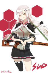 Rule 34 | 1girl, artist name, assault rifle, black skirt, black thighhighs, character name, girls&#039; frontline, grey jacket, gun, highres, holding, holding weapon, jacket, long hair, looking at viewer, open mouth, rifle, saturndxy, shirt, silver hair, simple background, single thighhigh, skirt, solo, svd (girls&#039; frontline), thighhighs, weapon, white shirt, yellow eyes