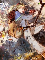 Rule 34 | &gt;:(, 1girl, abstract background, ambrosia (dungeon meshi), backpack, bag, belt, belt pouch, blonde hair, blue capelet, blue shirt, book, book holster, capelet, dungeon meshi, elf, food, food in mouth, green eyes, grimoire, hair ribbon, highres, holding, holding staff, kebab, marcille donato, multicolored background, pants, pointy ears, ponytail, pouch, red ribbon, ribbon, shirt, sideways glance, skewer, sleeping bag, sprout, staff, toi8, v-shaped eyebrows, white pants
