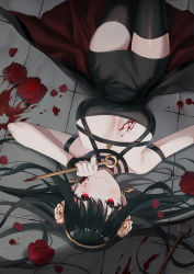 Rule 34 | 1girl, absurdres, black dress, black thighhighs, blood, blood on breasts, blood on face, bloody weapon, blush, breasts, churi (oxxchurixxo), cleavage, closed mouth, dress, flower, hair flower, hair ornament, hairband, highres, holding, holding weapon, large breasts, looking at viewer, lying, on back, on floor, petals, red eyes, red flower, red rose, rose, rose petals, sleeveless, sleeveless dress, smile, solo, spy x family, thighhighs, tile floor, tiles, upside-down, weapon, yellow flower, yellow hairband, yellow rose, yor briar, zettai ryouiki