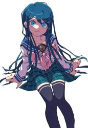 Rule 34 | 1girl, absurdres, arm support, arms at sides, black thighhighs, blue eyes, blue hair, blue skirt, bow, closed mouth, collarbone, commentary, danganronpa: trigger happy havoc, danganronpa (series), feet out of frame, grgrton, hair ornament, hairclip, highres, invisible chair, long hair, long sleeves, looking at viewer, maizono sayaka, miniskirt, pink bow, pink neckwear, plaid, plaid skirt, pleated skirt, school uniform, serafuku, shirt, simple background, sitting, skirt, smile, solo, symbol-only commentary, thighhighs, white background, white shirt, zettai ryouiki