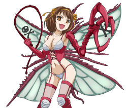 Rule 34 | 1girl, beelzebub (monster girl encyclopedia), bikini, breasts, brown eyes, brown hair, bug, claws, cleavage, corset, cosplay, elbow gloves, fly, fly girl, fly wings, gloves, hair ribbon, hairband, insect, knee pads, kurai (cry), monster girl, monster girl encyclopedia, ribbon, solo, suzumiya haruhi, suzumiya haruhi no yuuutsu, swimsuit, thighhighs, whip, wings