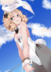 Rule 34 | 1girl, animal ears, blonde hair, blue eyes, blush, bound, bound wrists, bow, bowtie, breasts, cloud, day, fake animal ears, hair bow, janus (kancolle), kantai collection, leotard, open mouth, outdoors, pantyhose, playboy bunny, rabbit ears, rabbit tail, rope, short hair, sky, small breasts, solo, tail, wrist cuffs, yumesato makura