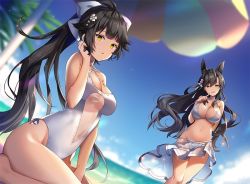 Rule 34 | alternate costume, animal ears, arm behind back, atago (azur lane), atago (summer march) (azur lane), azur lane, beach, beach umbrella, between legs, black hair, blue sky, blurry, blurry background, blush, bow, breasts, brown eyes, cleavage, criss-cross halter, day, each, extra ears, finger to mouth, floating hair, groin, hair between eyes, hair bow, hair flaps, hair ornament, hair ribbon, half-closed eyes, halterneck, hand between legs, hand in own hair, head tilt, large breasts, long hair, looking at viewer, mole, mole under eye, multiple girls, navel, non (nobu), ocean, one-piece swimsuit, outdoors, palm leaf, ponytail, ribbon, sand, sarong, see-through, sidelocks, sitting, sky, smile, standing, stomach, swept bangs, swimsuit, takao (azur lane), takao (beach rhapsody) (azur lane), taut clothes, taut swimsuit, umbrella, very long hair, white bow, white one-piece swimsuit, white ribbon, yokozuwari