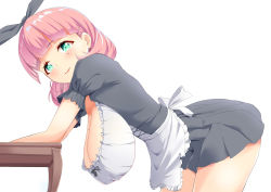 Rule 34 | 1girl, apron, aqua eyes, arm support, bent over, black bow, blush, bow, breasts, cleavage, cowboy shot, downblouse, dress, frills, hair bow, hanging breasts, highres, huge breasts, leaning forward, looking at viewer, medium hair, microdress, mole, mole on breast, mole under eye, no bra, original, pink hair, sakamata (sakamata4), simple background, smile, solo, table, waist apron, white background
