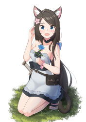 Rule 34 | 1girl, absurdres, animal ear fluff, animal ears, bare shoulders, black hair, blue bow, blue eyes, blush, bow, breasts, cat ears, cat tail, cleavage, collarbone, dress, fang, grass, highres, kneeling, looking at viewer, mao lian (nekokao), medium breasts, open mouth, original, sandals, simple background, solo, strapless, strapless dress, tail, aina (mao lian), weapon