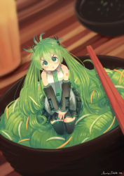 Rule 34 | 10s, 1girl, 2014, :t, artist name, bad id, bad pixiv id, bowl, chopsticks, detached sleeves, food, green eyes, green hair, hatsune miku, in food, long hair, matching hair/eyes, mini person, minigirl, necktie, pout, projecttiger, see-through, skirt, solo, thighhighs, twintails, very long hair, vocaloid