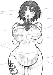 Rule 34 | 1girl, artist request, black hair, blush, breasts, curvy, female focus, houshin engi, large breasts, looking at viewer, nipples, nude, ou kijin, short hair, solo, sweat, tattoo