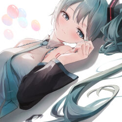 Rule 34 | 1girl, 200f (nifu), absurdres, aqua eyes, aqua hair, aqua nails, aqua necktie, balloon, bare shoulders, black sleeves, blush, breasts, closed mouth, collared shirt, commentary, detached sleeves, dot nose, dutch angle, hair ornament, half-closed eyes, hatsune miku, highres, light smile, long hair, long sleeves, looking at viewer, lying, medium breasts, nail polish, necktie, number tattoo, on floor, shadow, shirt, shoulder tattoo, simple background, sleeveless, sleeveless shirt, solo, tattoo, twintails, upper body, very long hair, vocaloid, white background, white shirt