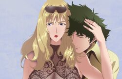 Rule 34 | 1boy, 1girl, blonde hair, breasts, cleavage, closed eyes, couple, cowboy bebop, curly hair, formal, green hair, happyboynumber1, happyboyworld, highres, julia (cowboy bebop), kiss, large breasts, lipstick, lucy guusi, makeup, spike spiegel, suit