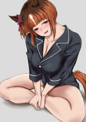Rule 34 | 1girl, alternate costume, animal ears, barefoot, black shirt, blush, bottomless, breasts, brown hair, buttons, cleavage, commentary request, crossed legs, ear ornament, grey background, hakase yurisuki, highres, horse ears, horse girl, horse tail, indian style, large breasts, long sleeves, multicolored hair, on ground, open mouth, shirt, short hair, simple background, sitting, smile, solo, streaked hair, tail, transcend (umamusume), umamusume, white hair