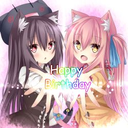 Rule 34 | 2girls, animal ears, bell, black hair, blush, borrowed character, cat ears, cat tail, chabaneko, happy birthday, jingle bell, long hair, looking at viewer, mia flatpaddy, multiple girls, open mouth, original, pink hair, red eyes, shia flatpaddy, tail, tail bell, tail ornament, tarutaru22, yellow eyes