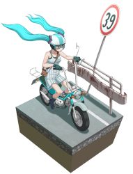 Rule 34 | 1girl, 39, aqua eyes, aqua hair, bad id, bad pixiv id, boots, cross-section, dress, faux figurine, floating hair, full body, gloves, goggles, guard rail, hatsune miku, helmet, highres, long hair, motor vehicle, motorcycle, riding, road sign, sign, simple background, solo, twintails, vehicle, vocaloid, white background, yosiya