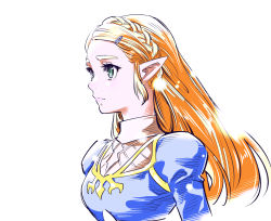 Rule 34 | 1girl, blonde hair, blue shirt, braid, breasts, closed mouth, crop top, eyelashes, forehead, french braid, green eyes, light particles, long hair, long sleeves, looking away, nintendo, pointy ears, princess, princess zelda, profile, puffy long sleeves, puffy sleeves, shirt, simple background, small breasts, solo, take (pixiv3530608), the legend of zelda, the legend of zelda: breath of the wild, thick eyebrows, turtleneck, undershirt, upper body, white background, white shirt