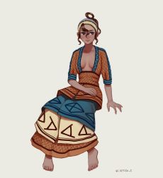 Rule 34 | 1girl, ancient greek clothes, barefoot, black hair, blue eyes, breasts, breasts apart, capelin s, dress, full body, greco-roman clothes, hair between eyes, highres, invisible chair, minoan clothes, original, shadow, short sleeves, simple background, sitting, smile, solo, twitter username, white background