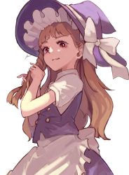 Rule 34 | 1girl, alternate color, alternate eye color, apron, bad id, bad pixiv id, blonde hair, blush, bow, braid, braiding hair, buttons, chishibuki hiyoko, closed mouth, commentary request, frilled apron, frilled hat, frills, hair behind ear, hairdressing, hat, hat bow, highres, kirisame marisa, long hair, making-of available, puffy sleeves, purple hat, purple skirt, purple vest, red eyes, sash, shirt, short sleeves, side braid, signature, simple background, single braid, skirt, solo, touhou, upper body, very long hair, vest, waist apron, wavy mouth, white apron, white background, white bow, white sash, white shirt, witch hat