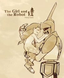 Rule 34 | 1girl, armor, copyright name, dress, english text, closed eyes, helmet, holding, jewelry, logo, long hair, looking at another, monaka (siromona), monochrome, necklace, parted lips, robot, tears, the girl (gnr), the girl and the robot, the robot (gnr)
