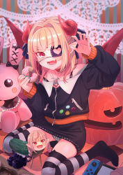 Rule 34 | 1girl, animal ear legwear, aqua nails, badge, bare shoulders, black ribbon, blush, button badge, collar, commentary request, cucumber, curled horns, demon girl, demon wings, doughnut, eyepatch, fang, food, grey hair, hair ribbon, halloween, heart, heart eyepatch, highres, horns, jewelry, looking at viewer, makaino ririmu, makaino ririmu (2nd costume), miniskirt, multicolored hair, nail polish, necklace, nijisanji, nintendo switch, no shoes, off-shoulder jacket, off shoulder, open mouth, panties, pantyshot, pink hair, pointy ears, pumpkin, red collar, red eyes, red wings, ribbon, sabamen, shouryouuma, sitting, skin fang, skirt, smile, solo, striped clothes, striped panties, striped thighhighs, stuffed animal, stuffed rabbit, stuffed toy, thighhighs, twintails, two-tone hair, underwear, virtual youtuber, wariza, wings