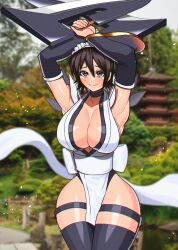 Rule 34 | 1girl, akisu k, apron, armpits, arms up, black hair, black thighhighs, breasts, brown eyes, butterfly swords, cleavage, flipped hair, forest, iroha (samurai spirits), lace-trimmed apron, lace trim, large breasts, looking at viewer, maid, maid headdress, maid leotard, nature, samurai spirits, short hair, smile, solo, thighhighs, unconventional maid